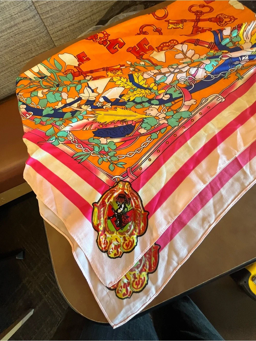 Vibrant Orange & Pink Illustrated Silk Scarf 100% silk E& A